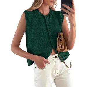 imagePRETTYGARDEN Womens Sweater Vest Cardigans 2025 Fall Lightweight Casual Sleeveless Button Down Knit Tank TopsDark Green
