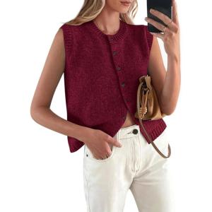 imagePRETTYGARDEN Womens Sweater Vest Cardigans 2025 Fall Lightweight Casual Sleeveless Button Down Knit Tank TopsDark Wine Red