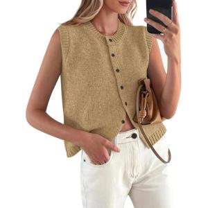 imagePRETTYGARDEN Womens Sweater Vest Cardigans 2025 Fall Lightweight Casual Sleeveless Button Down Knit Tank TopsLight Khaki