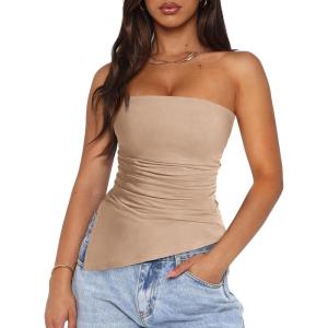 imagePRETTYGARDEN Womens Tube Top 2025 Summer Trendy Strapless Tops Going Out Outfits Ruched Asymmetrical Bandeau ShirtsApricot