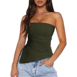 imagePRETTYGARDEN Womens Tube Top 2025 Summer Trendy Strapless Tops Going Out Outfits Ruched Asymmetrical Bandeau ShirtsArmy Green