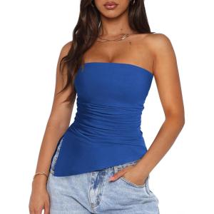 imagePRETTYGARDEN Womens Tube Top 2025 Summer Trendy Strapless Tops Going Out Outfits Ruched Asymmetrical Bandeau ShirtsBlue