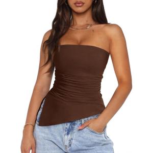 imagePRETTYGARDEN Womens Tube Top 2025 Summer Trendy Strapless Tops Going Out Outfits Ruched Asymmetrical Bandeau ShirtsBrown