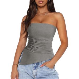 imagePRETTYGARDEN Womens Tube Top 2025 Summer Trendy Strapless Tops Going Out Outfits Ruched Asymmetrical Bandeau ShirtsGrey