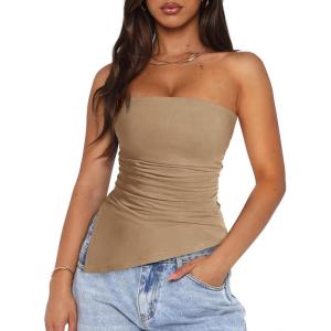 imagePRETTYGARDEN Womens Tube Top 2025 Summer Trendy Strapless Tops Going Out Outfits Ruched Asymmetrical Bandeau ShirtsKhaki
