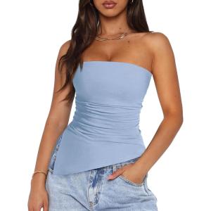 imagePRETTYGARDEN Womens Tube Top 2025 Summer Trendy Strapless Tops Going Out Outfits Ruched Asymmetrical Bandeau ShirtsLight Blue