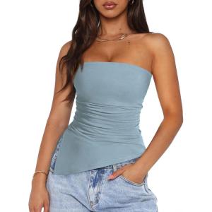 imagePRETTYGARDEN Womens Tube Top 2025 Summer Trendy Strapless Tops Going Out Outfits Ruched Asymmetrical Bandeau ShirtsLight Grey Blue