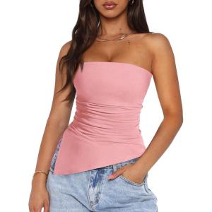 imagePRETTYGARDEN Womens Tube Top 2025 Summer Trendy Strapless Tops Going Out Outfits Ruched Asymmetrical Bandeau ShirtsPink