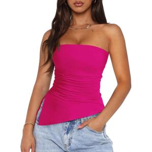 imagePRETTYGARDEN Womens Tube Top 2025 Summer Trendy Strapless Tops Going Out Outfits Ruched Asymmetrical Bandeau ShirtsRose Red