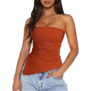 imagePRETTYGARDEN Womens Tube Top 2025 Summer Trendy Strapless Tops Going Out Outfits Ruched Asymmetrical Bandeau ShirtsRust Red