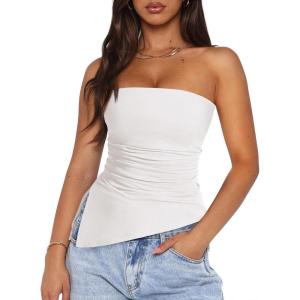 imagePRETTYGARDEN Womens Tube Top 2025 Summer Trendy Strapless Tops Going Out Outfits Ruched Asymmetrical Bandeau ShirtsWhite