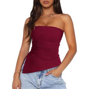 imagePRETTYGARDEN Womens Tube Top 2025 Summer Trendy Strapless Tops Going Out Outfits Ruched Asymmetrical Bandeau ShirtsWine Red
