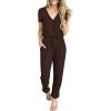 imagePRETTYGARDEN Jumpsuits for Women Dressy 2025 Summer Casual Short Sleeve Romper Spring Airport Beach Vacation Travel OutfitsCoffee