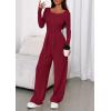 imagePRETTYGARDEN Jumpsuits for Women Dressy Casual 2025 Fall One Piece Outfits Long Sleeve Wide Leg Pants Romper Fashion ClothingBurgundy