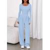 imagePRETTYGARDEN Jumpsuits for Women Dressy Casual 2025 Fall One Piece Outfits Long Sleeve Wide Leg Pants Romper Fashion ClothingLight Blue