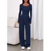 imagePRETTYGARDEN Jumpsuits for Women Dressy Casual 2025 Fall One Piece Outfits Long Sleeve Wide Leg Pants Romper Fashion ClothingNavy Blue