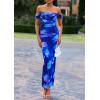 imagePRETTYGARDEN Maxi Dresses for Women 2025 Summer Elegant Floral Off Shoulder Ruched Mesh Cocktail Wedding Guest DressBlue Floral