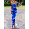 imagePRETTYGARDEN Maxi Dresses for Women 2025 Summer Elegant Floral Off Shoulder Ruched Mesh Cocktail Wedding Guest DressBlue Floral