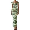 imagePRETTYGARDEN Maxi Dresses for Women 2025 Summer Elegant Floral Off Shoulder Ruched Mesh Cocktail Wedding Guest DressDark Army Green Floral