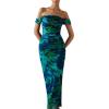 imagePRETTYGARDEN Maxi Dresses for Women 2025 Summer Elegant Floral Off Shoulder Ruched Mesh Cocktail Wedding Guest DressGreen Floral