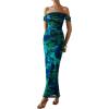 imagePRETTYGARDEN Maxi Dresses for Women 2025 Summer Elegant Floral Off Shoulder Ruched Mesh Cocktail Wedding Guest DressGreen Floral