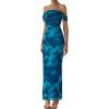 imagePRETTYGARDEN Maxi Dresses for Women 2025 Summer Elegant Floral Off Shoulder Ruched Mesh Cocktail Wedding Guest DressLake Blue Floral