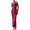 imagePRETTYGARDEN Maxi Dresses for Women 2025 Summer Elegant Floral Off Shoulder Ruched Mesh Cocktail Wedding Guest DressNavy Red Floral