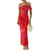 imagePRETTYGARDEN Maxi Dresses for Women 2025 Summer Elegant Floral Off Shoulder Ruched Mesh Cocktail Wedding Guest DressRust Red Floral