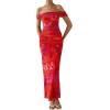 imagePRETTYGARDEN Maxi Dresses for Women 2025 Summer Elegant Floral Off Shoulder Ruched Mesh Cocktail Wedding Guest DressRust Red Floral