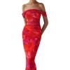 imagePRETTYGARDEN Maxi Dresses for Women 2025 Summer Elegant Floral Off Shoulder Ruched Mesh Cocktail Wedding Guest DressRust Red Floral
