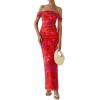 imagePRETTYGARDEN Maxi Dresses for Women 2025 Summer Elegant Floral Off Shoulder Ruched Mesh Cocktail Wedding Guest DressRust Red Floral