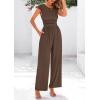 imagePRETTYGARDEN Summer Jumpsuits for Women Dressy 2025 Ribbed Cap Sleeve Wide Leg Pants Rompers Elegant Casual One Piece OutfitsCoffee