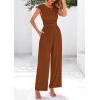 imagePRETTYGARDEN Summer Jumpsuits for Women Dressy 2025 Ribbed Cap Sleeve Wide Leg Pants Rompers Elegant Casual One Piece OutfitsRed Brown