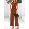 imagePRETTYGARDEN Summer Jumpsuits for Women Dressy 2025 Ribbed Cap Sleeve Wide Leg Pants Rompers Elegant Casual One Piece OutfitsRed Brown