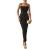 imagePRETTYGARDEN Summer Wedding Guest Dresses for Women 2025 Spaghetti Strap Mesh Bodycon Beach Floral Maxi Long DressesFloral Black