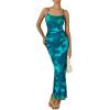 imagePRETTYGARDEN Summer Wedding Guest Dresses for Women 2025 Spaghetti Strap Mesh Bodycon Beach Floral Maxi Long DressesFloral Lake Blue