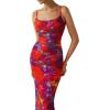 imagePRETTYGARDEN Summer Wedding Guest Dresses for Women 2025 Spaghetti Strap Mesh Bodycon Beach Floral Maxi Long DressesFloral Navy Red