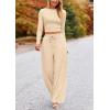 imagePRETTYGARDEN Womens 2 Piece Sets 2025 Fall Long Sleeve Crop Tops Wide Leg Pants Matching Outfit Tracksuits Fashion ClothingBeige