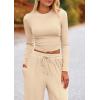 imagePRETTYGARDEN Womens 2 Piece Sets 2025 Fall Long Sleeve Crop Tops Wide Leg Pants Matching Outfit Tracksuits Fashion ClothingBeige