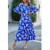 imagePRETTYGARDEN Womens 2025 Spring Fall Midi Dress Casual Long Sleeve V Neck Swiss Dot Pleated A Line Flowy DressesBlue Leaves