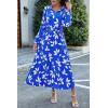 imagePRETTYGARDEN Womens 2025 Spring Fall Midi Dress Casual Long Sleeve V Neck Swiss Dot Pleated A Line Flowy DressesBlue Leaves