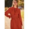 imagePRETTYGARDEN Womens 2025 Spring Fall Midi Dress Casual Long Sleeve V Neck Swiss Dot Pleated A Line Flowy DressesBrick Red
