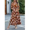 imagePRETTYGARDEN Womens 2025 Spring Fall Midi Dress Casual Long Sleeve V Neck Swiss Dot Pleated A Line Flowy DressesBrown Leaves
