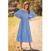 imagePRETTYGARDEN Womens 2025 Spring Fall Midi Dress Casual Long Sleeve V Neck Swiss Dot Pleated A Line Flowy DressesLight Blue