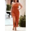imagePRETTYGARDEN Womens 2025 Summer Formal Wedding Guest Dresses One Shoulder Spaghetti Strap High Slit Maxi Bodycon DressBrown