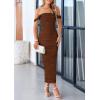 imagePRETTYGARDEN Womens 2025 Summer Off The Shoulder Dress Ruched Bodycon Sleeveless Split Cocktail Party Maxi DressesDark Brown