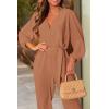 imagePRETTYGARDEN Womens Fall Jumpsuits Dressy Casual Pants Romper Spring Long Sleeve V Neck Belt Pockets One Piece OutfitsCamel