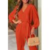 imagePRETTYGARDEN Womens Fall Jumpsuits Dressy Casual Pants Romper Spring Long Sleeve V Neck Belt Pockets One Piece OutfitsOrange