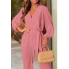 imagePRETTYGARDEN Womens Fall Jumpsuits Dressy Casual Pants Romper Spring Long Sleeve V Neck Belt Pockets One Piece OutfitsPink