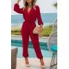 imagePRETTYGARDEN Womens Fall Jumpsuits Dressy Casual Pants Romper Spring Long Sleeve V Neck Belt Pockets One Piece OutfitsRed